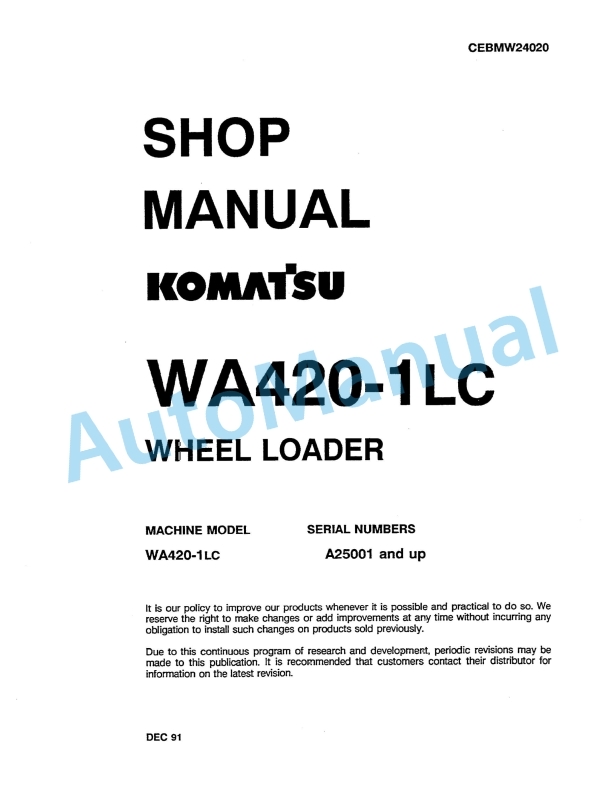 Komatsu WA420-1LC Wheel Loader Shop Manual CEBMW24020