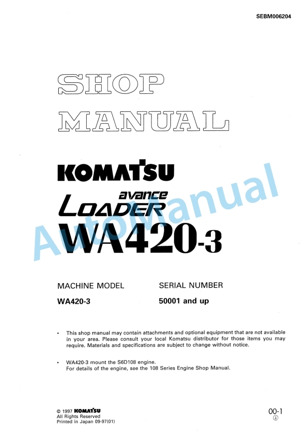 Komatsu WA420-3 Avance Loader Shop Manual SEBM006204