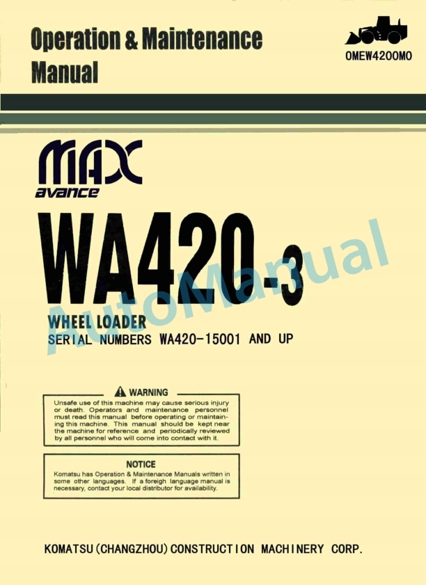 Komatsu WA420-3 Avance Wheel Loader Operation and Maintenance Manual OMEW4200M0