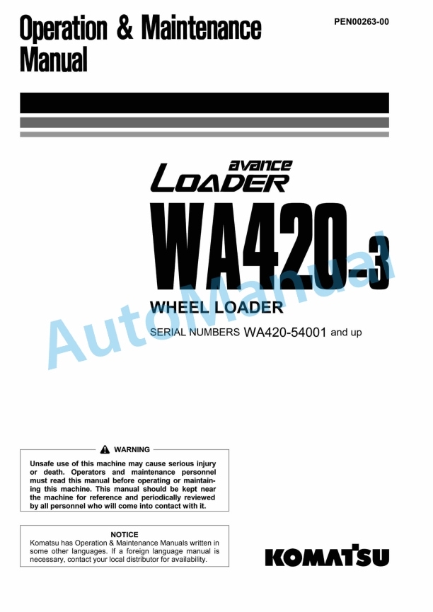 Komatsu WA420-3 Avance Wheel Loader Operation and Maintenance Manual PEN00263-00