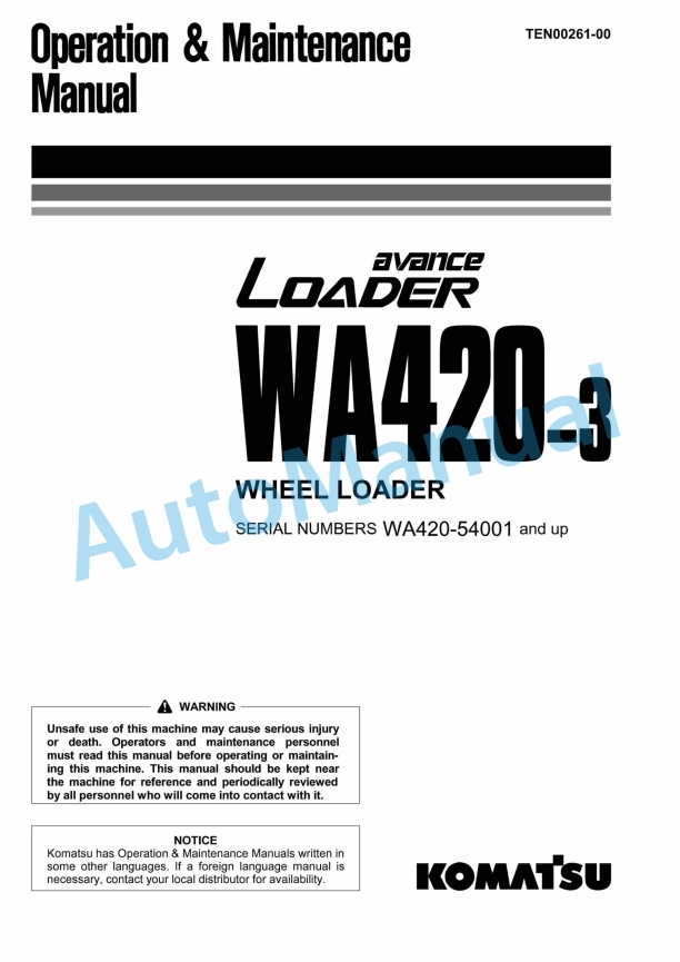Komatsu WA420-3 Avance Wheel Loader Operation and Maintenance Manual TEN00261-00