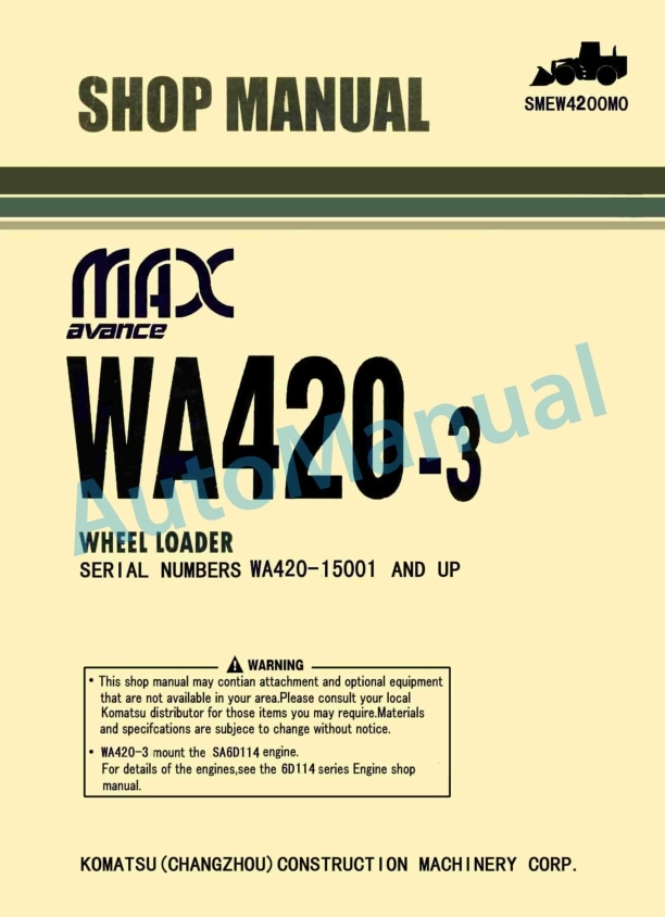 Komatsu WA420-3 Avance Wheel Loader Shop Manual SMEW4200M0