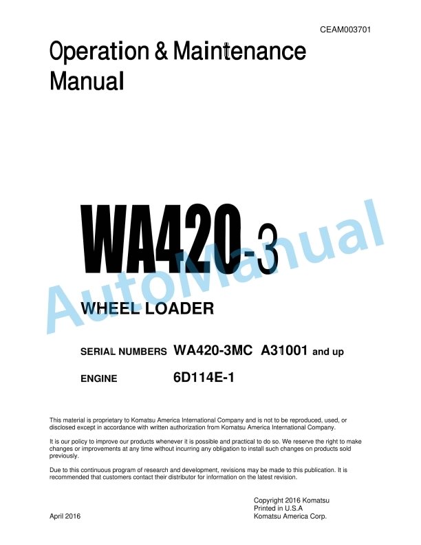 Komatsu WA420-3 Wheel Loader Operation and Maintenance Manual CEAM003701
