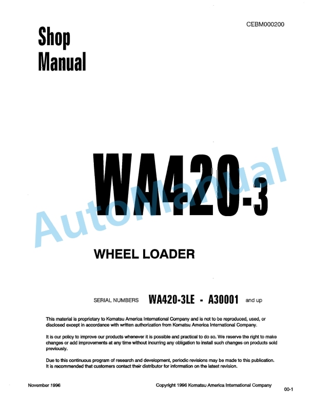 Komatsu WA420-3 Wheel Loader Shop Manual CEBM000200