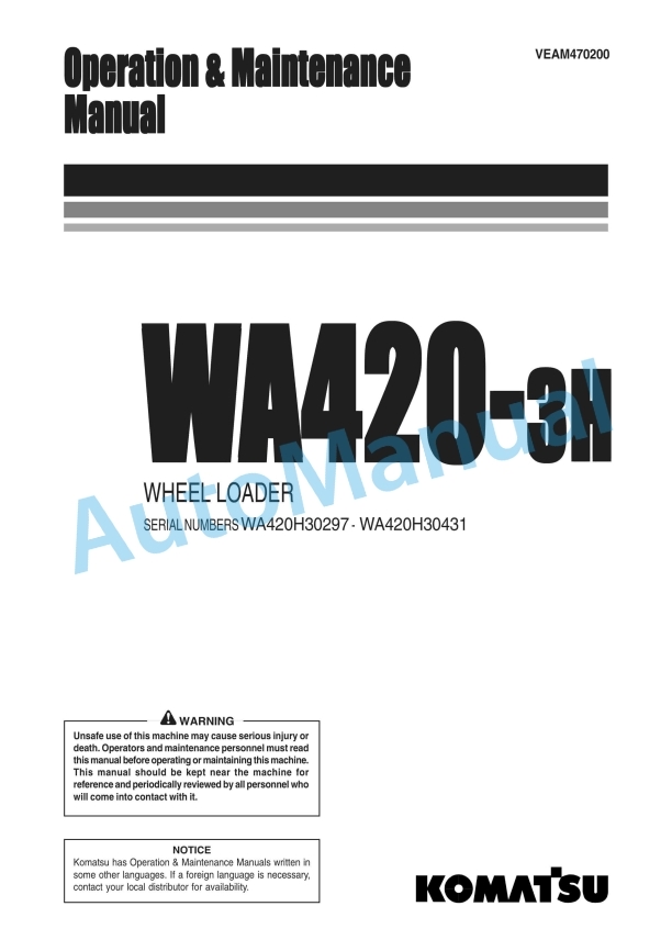 Komatsu WA420-3H Wheel Loader Operation and Maintenance Manual VEAM470200