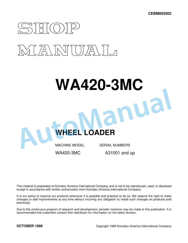 Komatsu WA420-3MC Wheel Loader Shop Manual CEBM003502