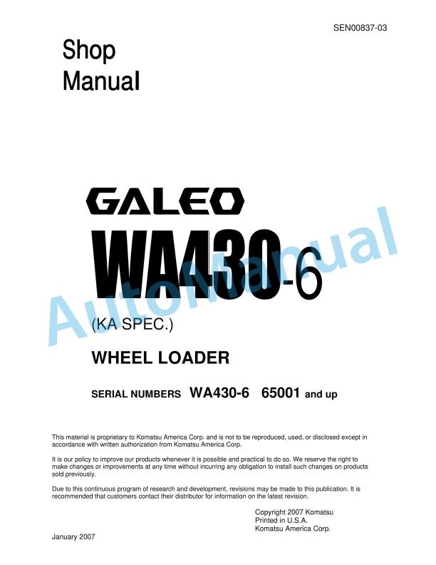 Komatsu WA430-6 Galeo Wheel Loader Shop Manual SEN00837-03