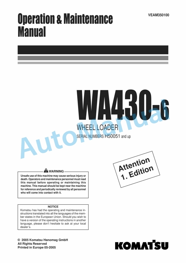 Komatsu WA430-6 Wheel Loader Operation and Maintenance Manual VEAM350100