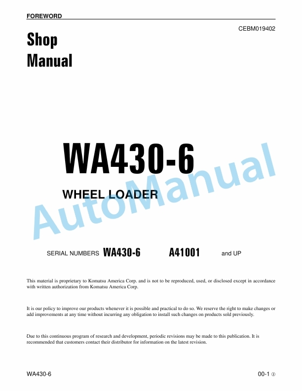 Komatsu WA430-6 Wheel Loader Shop Manual CEBM019402