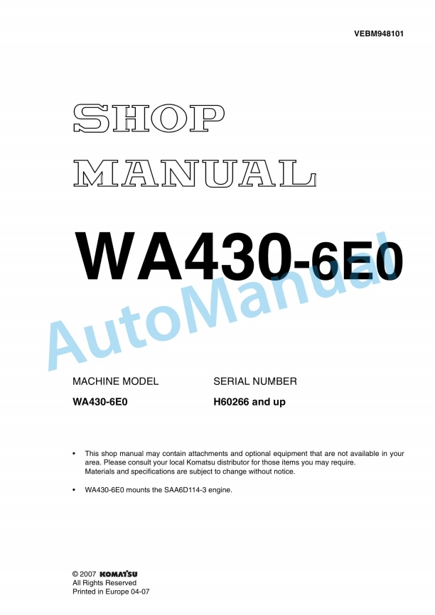 Komatsu WA430-6E0 Wheel Loader Shop Manual VEBM948101