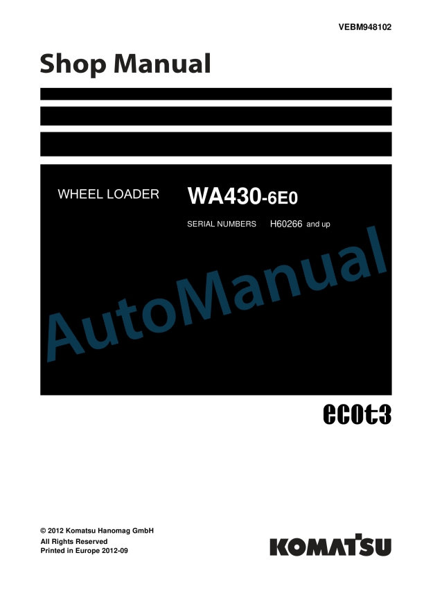 Komatsu WA430-6E0 Wheel Loader Shop Manual VEBM948102
