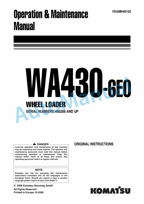 Komatsu WA430-6H0 Wheel Loader Operation and Maintenance Manual VEAM948102