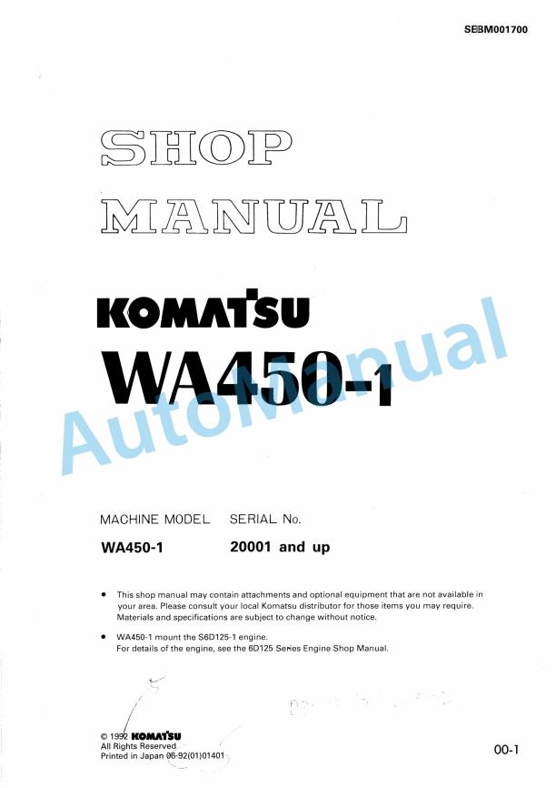 Komatsu WA450-1 Wheel Loader Shop Manual SEBM001700