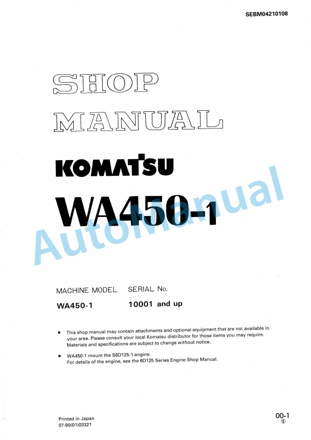 Komatsu WA450-1 Wheel Loader Shop Manual SEBM04210108