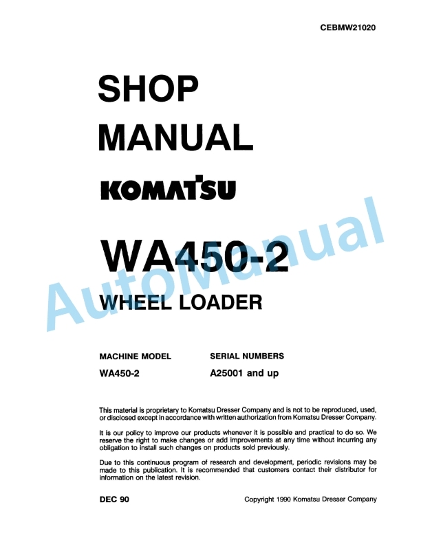 Komatsu WA450-2 Wheel Loader Shop Manual CEBMW21020