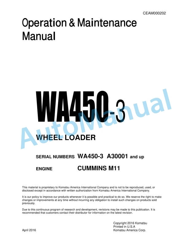 Komatsu WA450-3 Wheel Loader Operation and Maintenance Manual CEAM000202