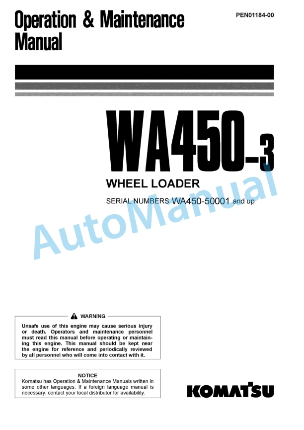 Komatsu WA450-3 Wheel Loader Operation and Maintenance Manual PEN01184-00