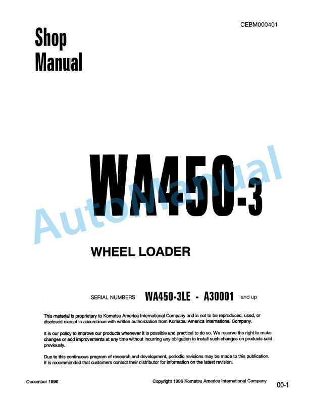 Komatsu WA450-3 Wheel Loader Shop Manual CEBM000401