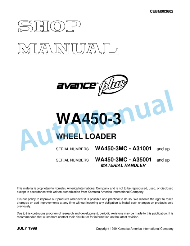 Komatsu WA450-3 Wheel Loader Shop Manual CEBM003602