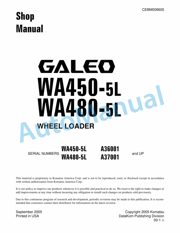 Komatsu WA450-5L, WA480-5L Wheel Loader Shop Manual CEBM009605