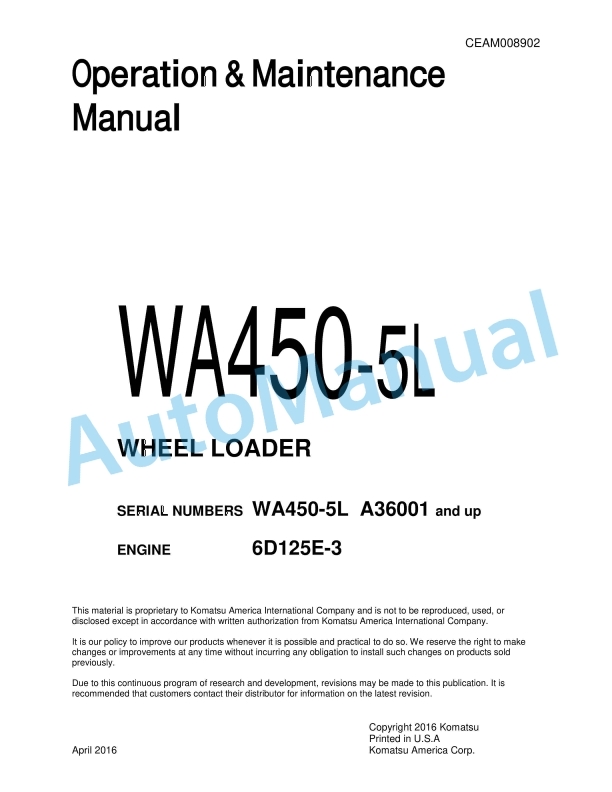 Komatsu WA450-5L Wheel Loader Operation and Maintenance Manual CEAM008902