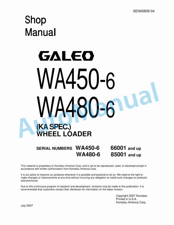 Komatsu WA450-6, WA480-6 Galeo Wheel Loader Shop Manual SEN00809-04
