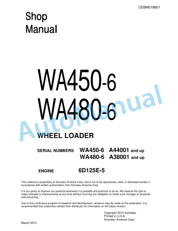 Komatsu WA450-6, WA480-6 Wheel Loader Shop Manual CEBM018601