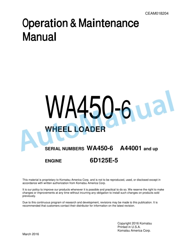 Komatsu WA450-6 Wheel Loader Operation and Maintenance Manual CEAM018204