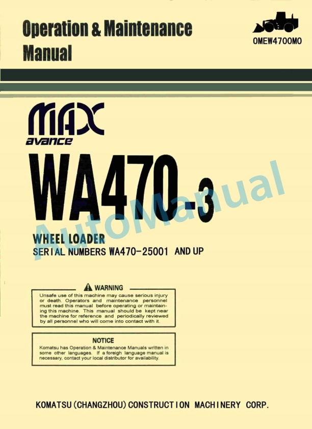 Komatsu WA470-3 Avance Wheel Loader Operation and Maintenance Manual OMEW4700M0