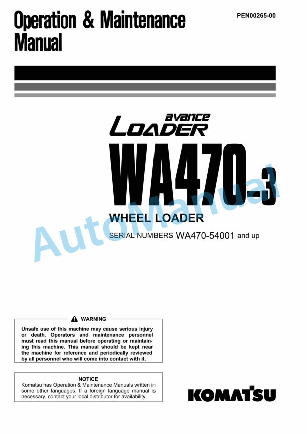 Komatsu WA470-3 Avance Wheel Loader Operation and Maintenance Manual PEN00265-00