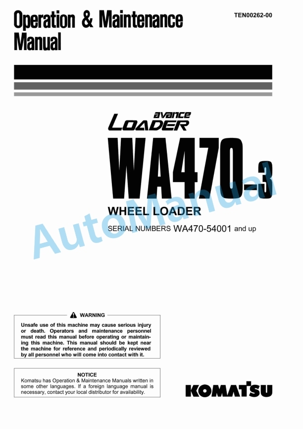 Komatsu WA470-3 Avance Wheel Loader Operation and Maintenance Manual TEN00262-00