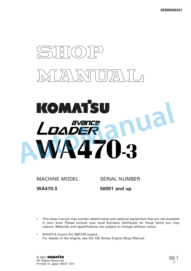 Komatsu WA470-3 Avance Wheel Loader Shop Manual SEBM006307