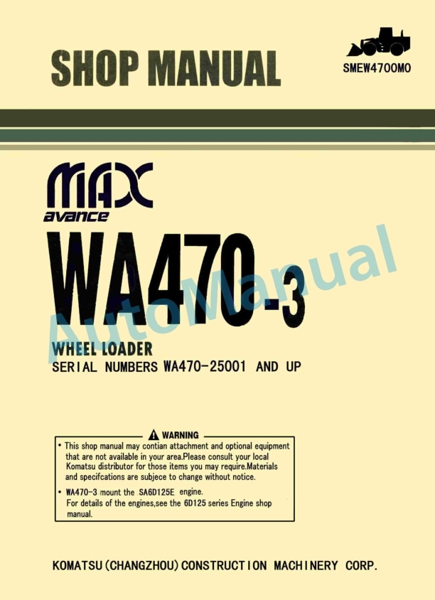 Komatsu WA470-3 Avance Wheel Loader Shop Manual SMEW4700M0