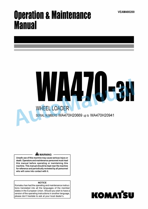 Komatsu WA470-3H Wheel Loader Operation and Maintenance Manual VEAM480200