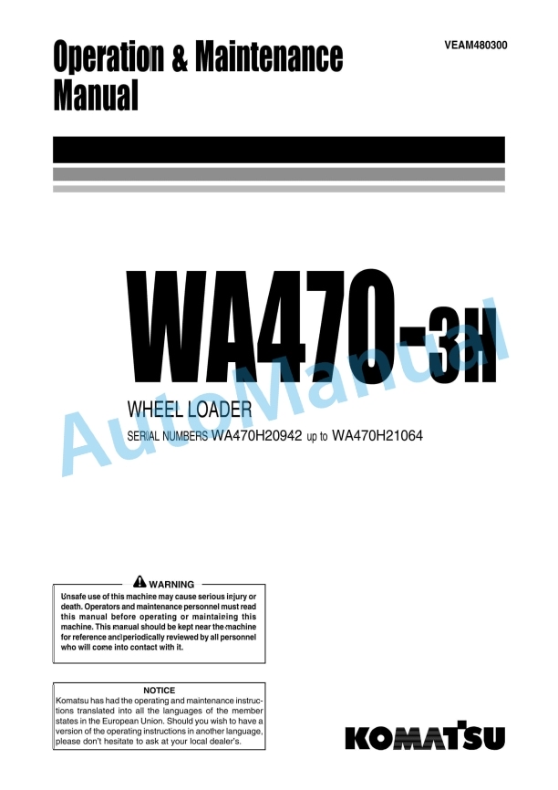 Komatsu WA470-3H Wheel Loader Operation and Maintenance Manual VEAM480300