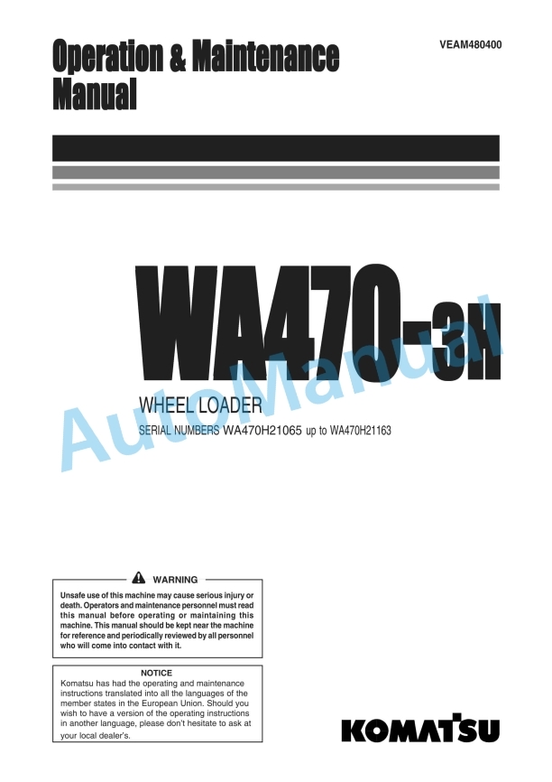 Komatsu WA470-3H Wheel Loader Operation and Maintenance Manual VEAM480400