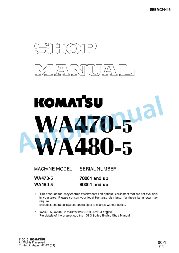 Komatsu WA470-5, WA480-5 Wheel Loader Shop Manual SEBM024416