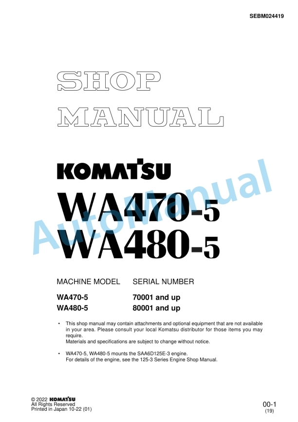 Komatsu WA470-5, WA480-5 Wheel Loader Shop Manual SEBM024419