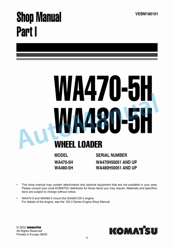 Komatsu WA470-5H, WA480-5H Part I Wheel Loader Shop Manual VEBM180101