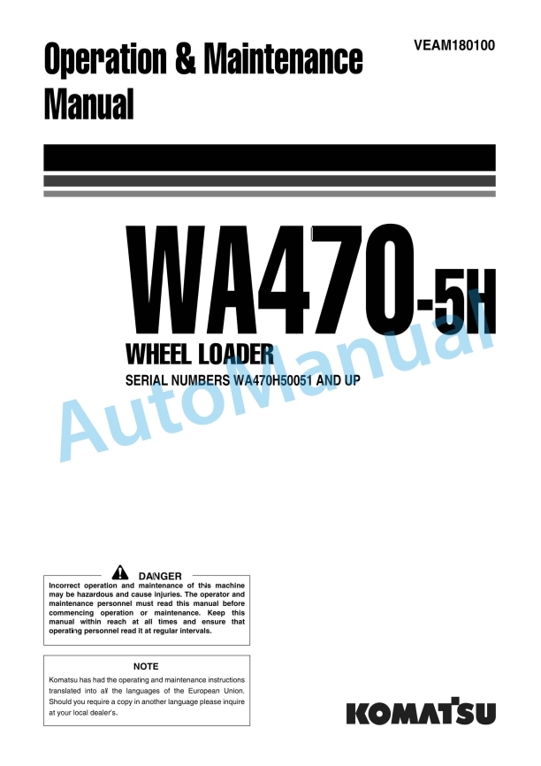 Komatsu WA470-5H Wheel Loader Operation and Maintenance Manual VEAM180100
