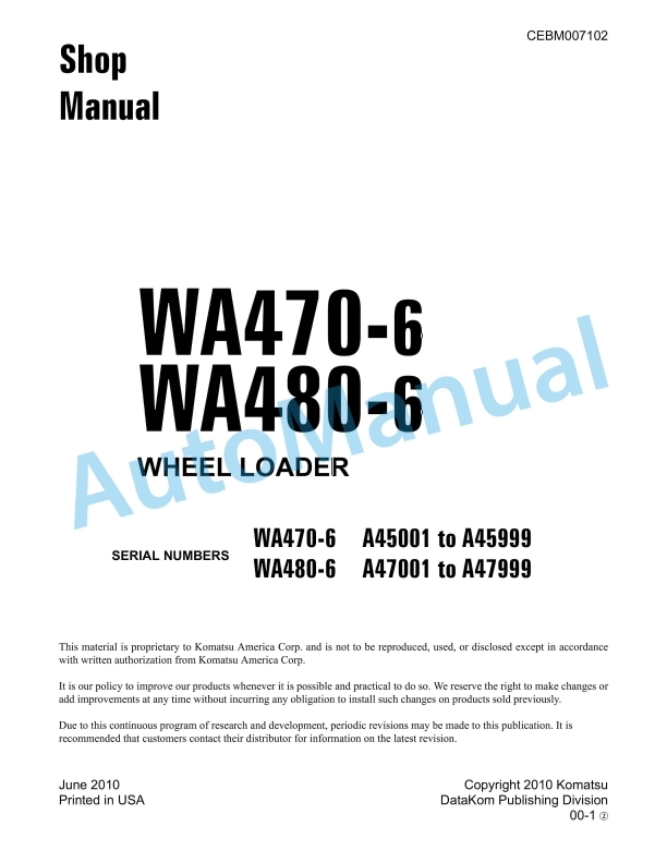 Komatsu WA470-6, WA480-6 Wheel Loader Shop Manual CEBM007102