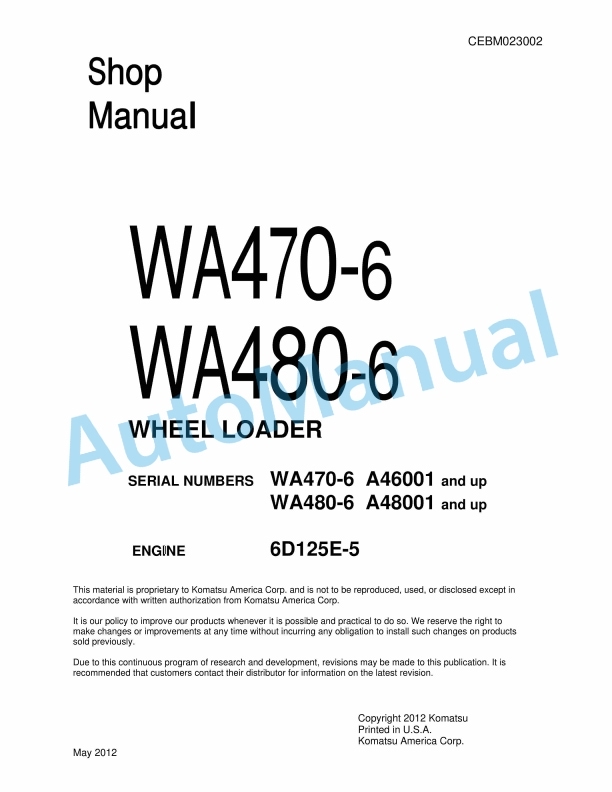 Komatsu WA470-6, WA480-6 Wheel Loader Shop Manual CEBM023002