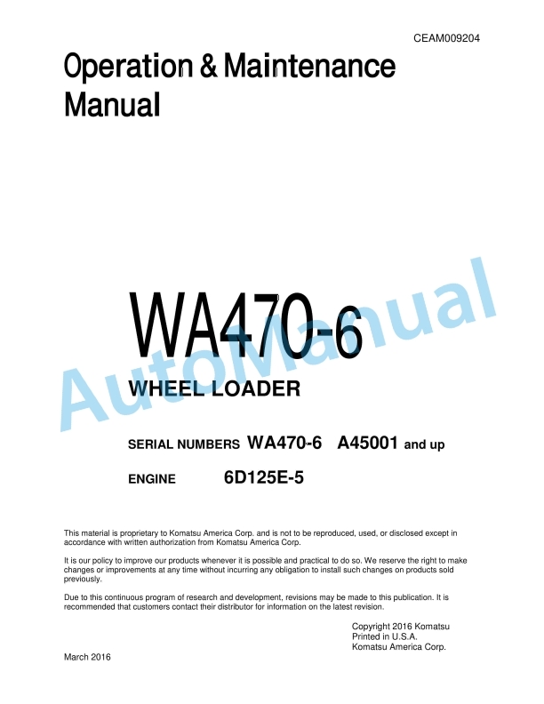 Komatsu WA470-6 Wheel Loader Operation and Maintenance Manual CEAM009204