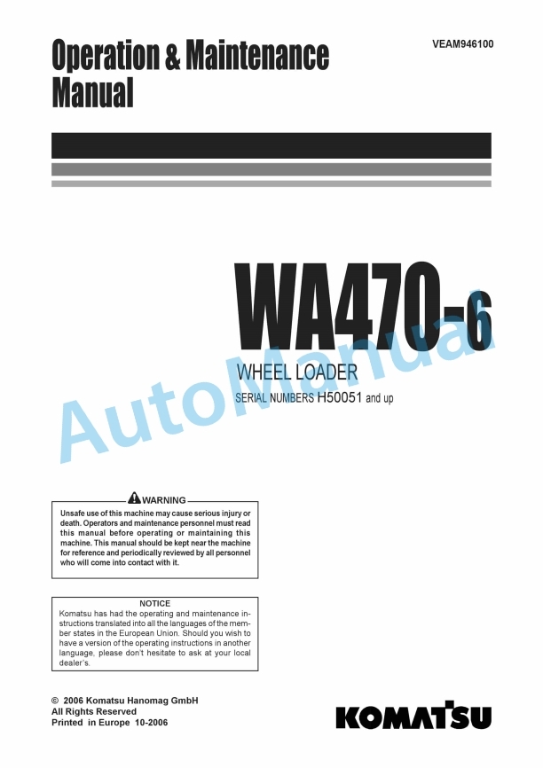 Komatsu WA470-6 Wheel Loader Operation and Maintenance Manual VEAM946100