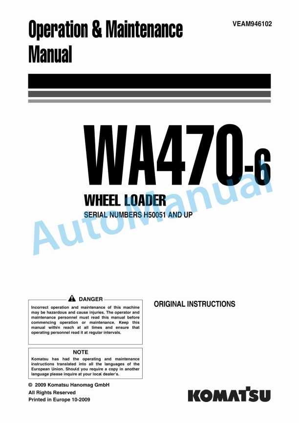 Komatsu WA470-6 Wheel Loader Operation and Maintenance Manual VEAM946102