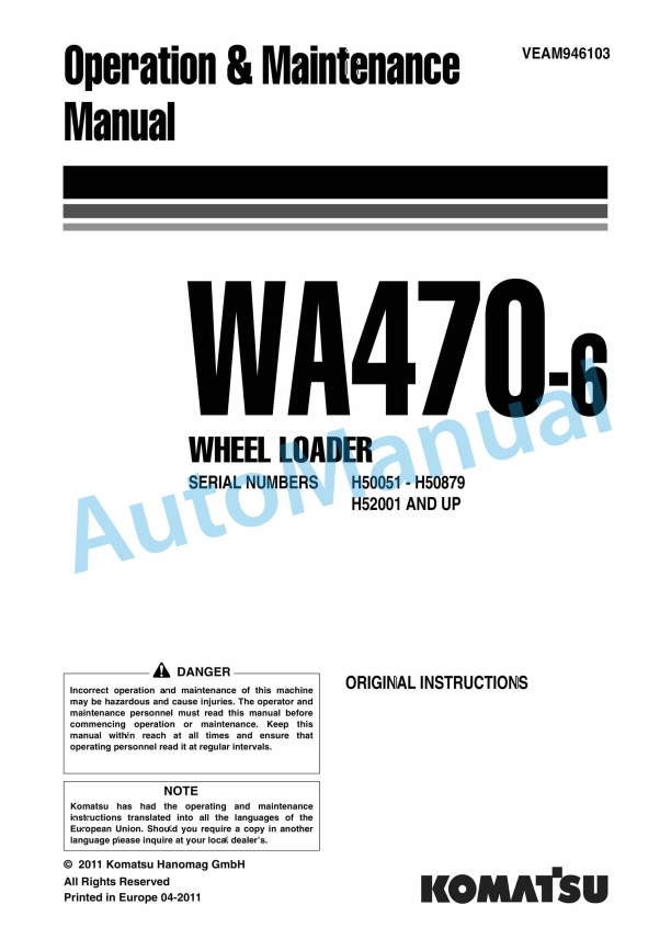 Komatsu WA470-6 Wheel Loader Operation and Maintenance Manual VEAM946103