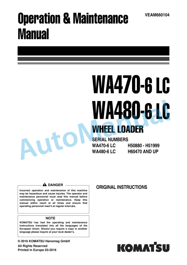 Komatsu WA470-6LC, WA480-6LC Wheel Loader Operation and Maintenance Manual VEAM660104