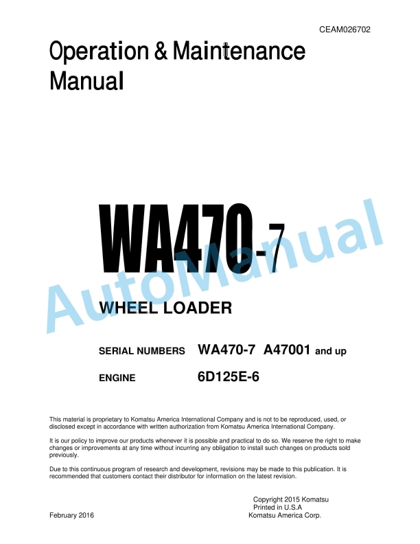 Komatsu WA470-7 Wheel Loader Operation and Maintenance Manual CEAM026702