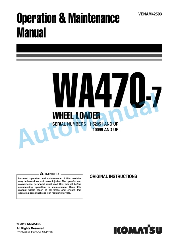 Komatsu WA470-7 Wheel Loader Operation and Maintenance Manual VENAM42503