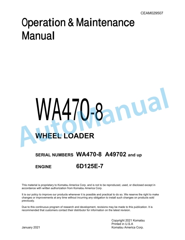 Komatsu WA470-8 Wheel Loader Operation and Maintenance Manual CEAM029507